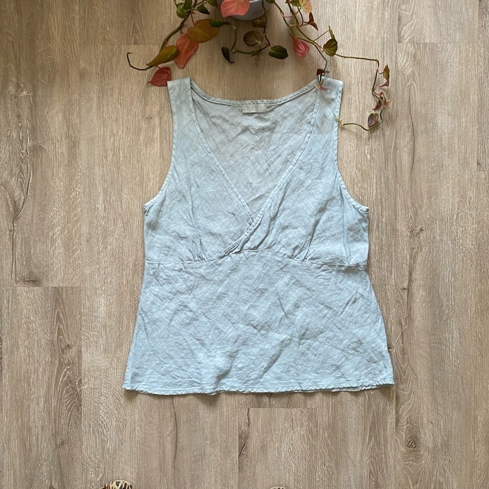 CP Shades Green V Neck Faux Wrap Linen Top Medium